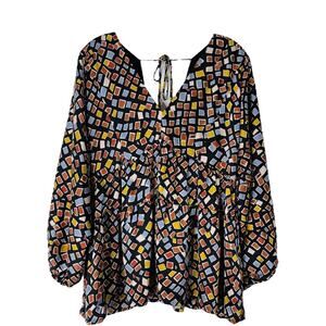 NWT Entro blue brown abstract satin boho babydoll plunge top medium